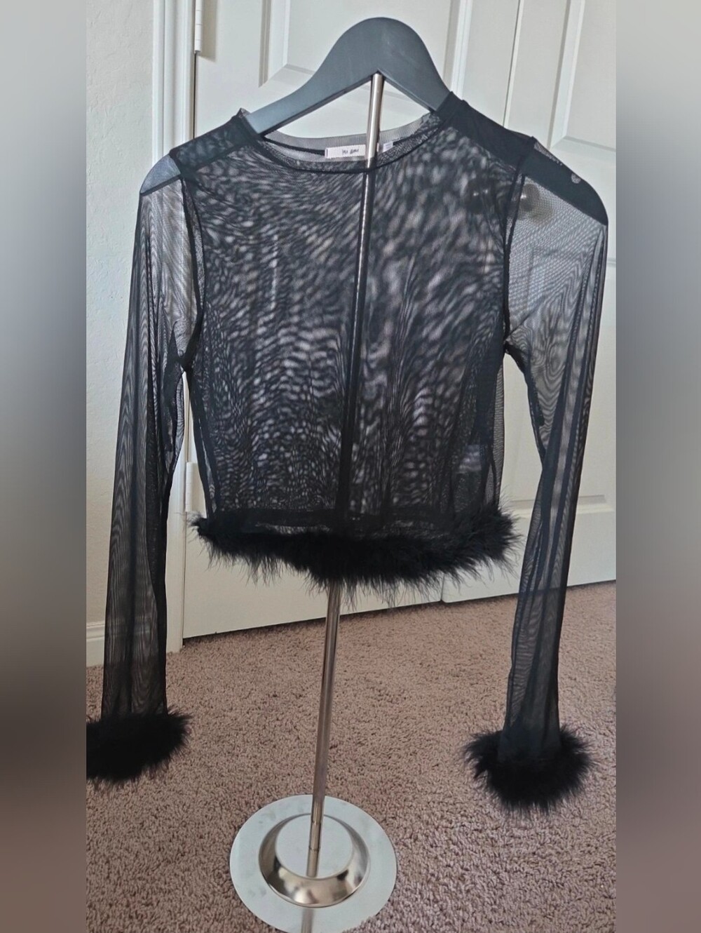 Sheer Mesh Long-Sleeve Crop Top with Feather Trim - Black